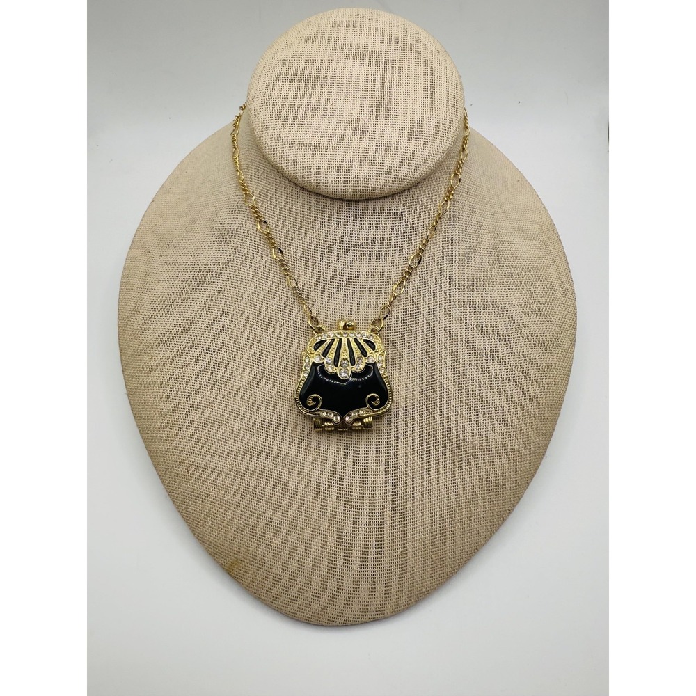 Gold Tone Purse‎ Locket Necklace Black Enamel Rhinestone Hinged Art Deco Style